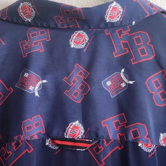 FUBU Shirt Mens 3XL Navy Blue Red Button Up Long Sleeve All Over Print 90s Style - Picture 7 of 9